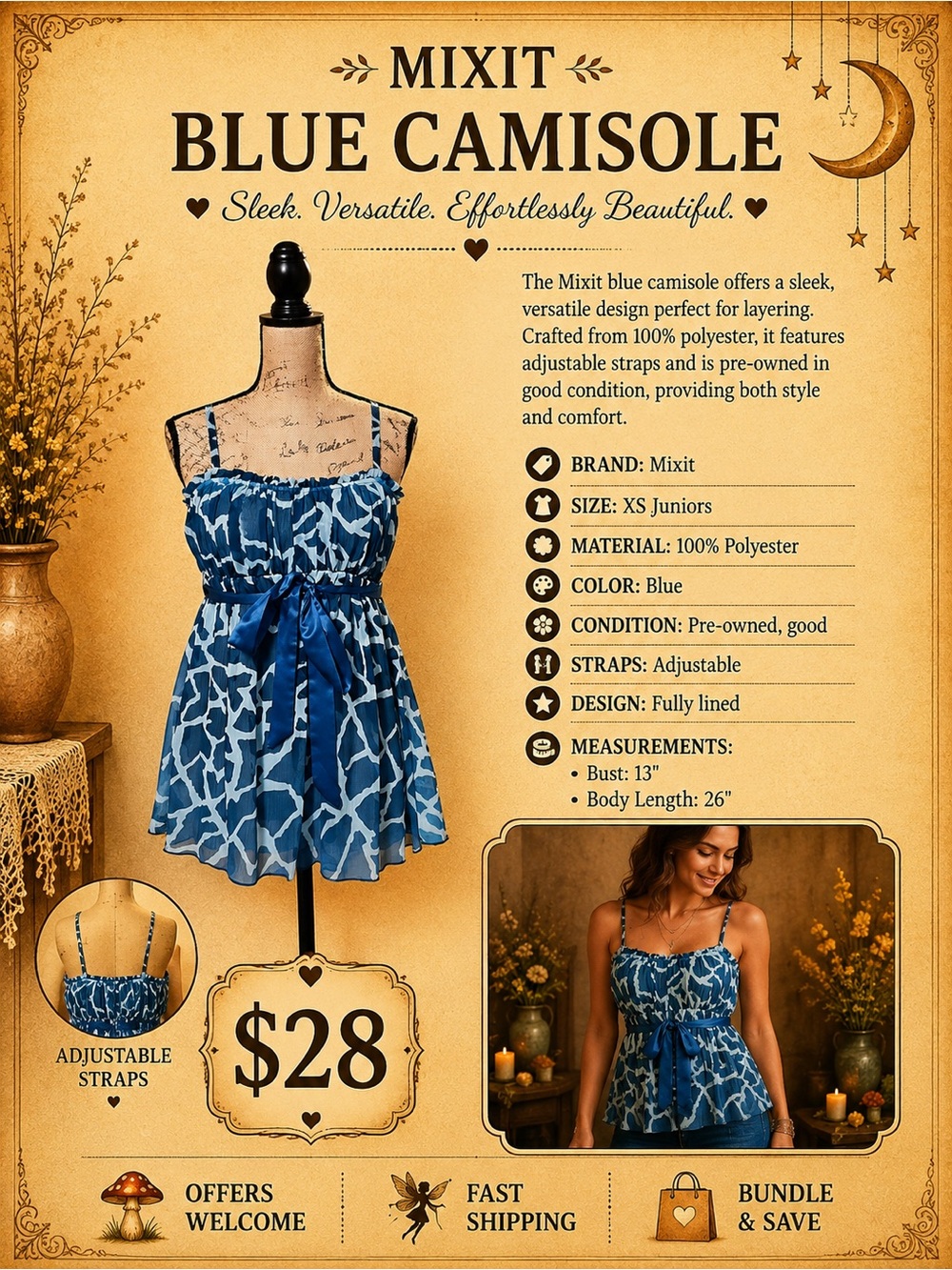 Mixit Blue XS Camisole Top 100% Polyester Adjustable Straps